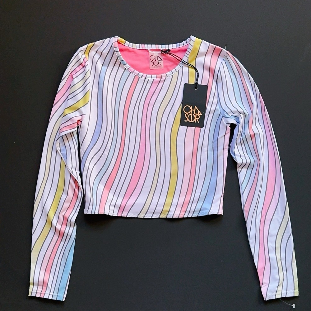 Chaser Pastel Rainbow Striped Swim Rash Guard Lined Crop Top S‎ NWT